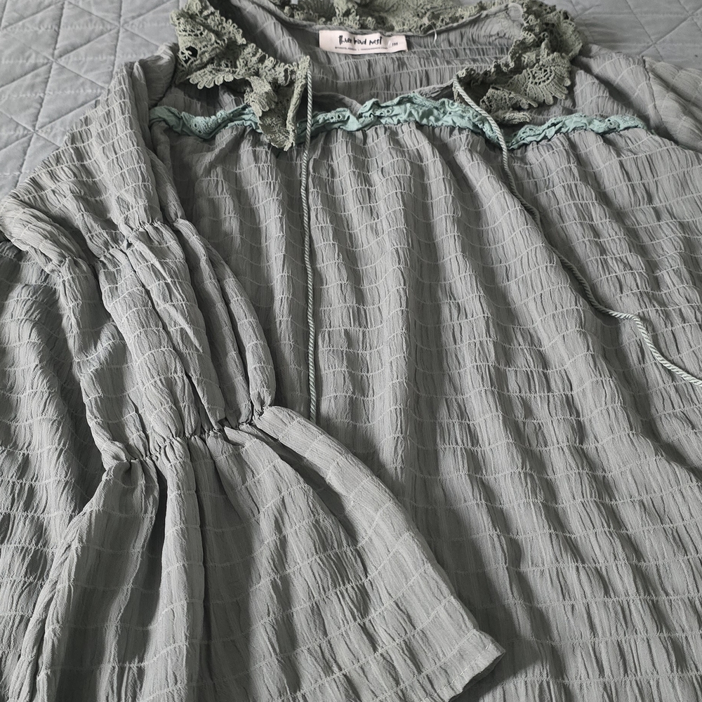 Three Bird Nest Textured Green Blouse with Lace Accents